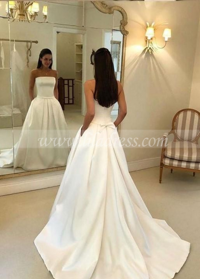 Strapless Open Back Satin Wedding Gown with Pockets