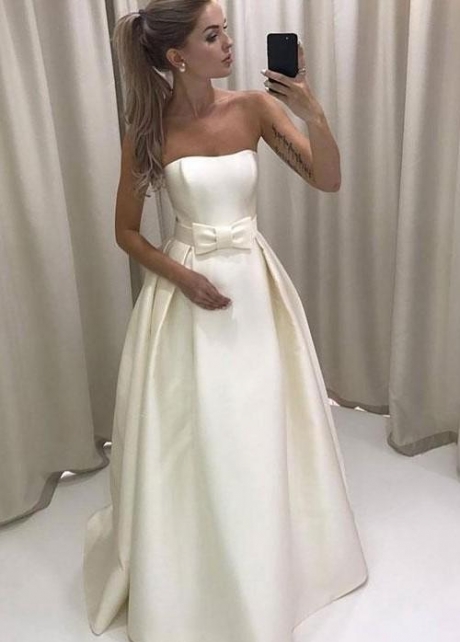Strapless Satin Simple Bride Dress with Bow Sash