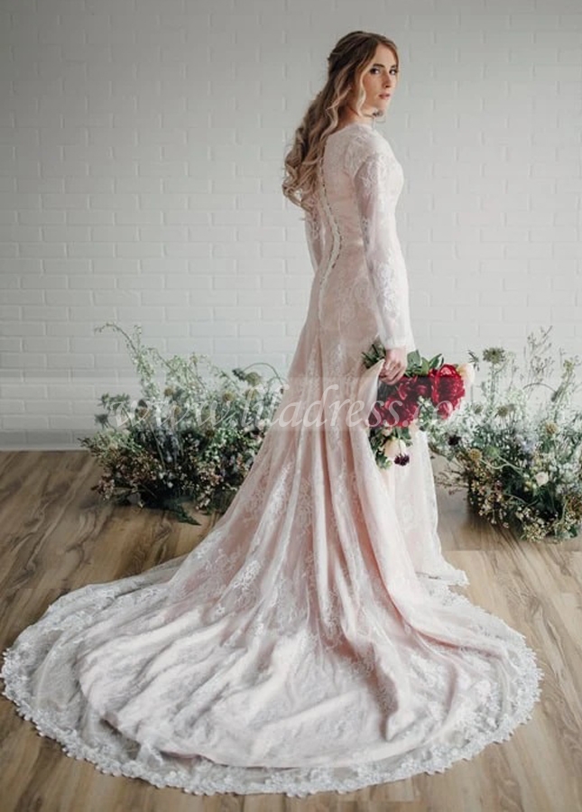 Sheer Long Sleeves Lace Modest Bride Dress Wedding