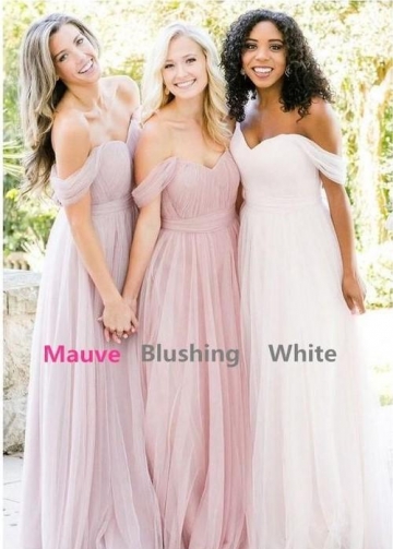 Tulle Blush Pink Bridesmaid Dresses Off-the-shoulder