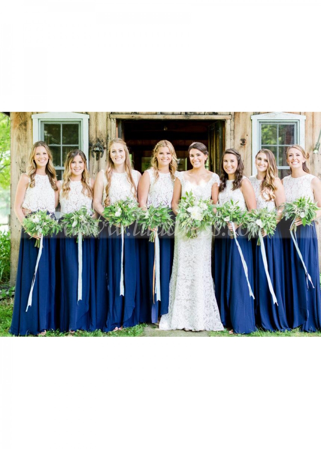 Two-Piece Bridesmaid Dress Royal Blue Skirt with Lace Separate Top