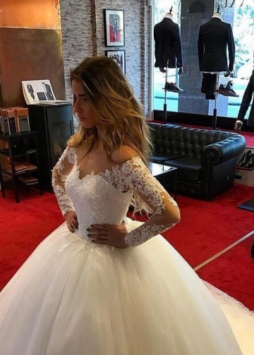 Tulle Ball Gown Wedding Dresses with Lace Long Sleeves 2020