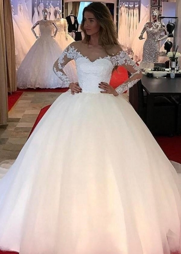 Tulle Ball Gown Wedding Dresses with Lace Long Sleeves 2020