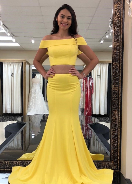 Two Piece Yellow Mermaid Prom Dresses with Fold Off-the-shoulder