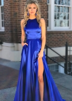 Thigh-high slit Royal Blue Long Prom Gown with Hollow Back