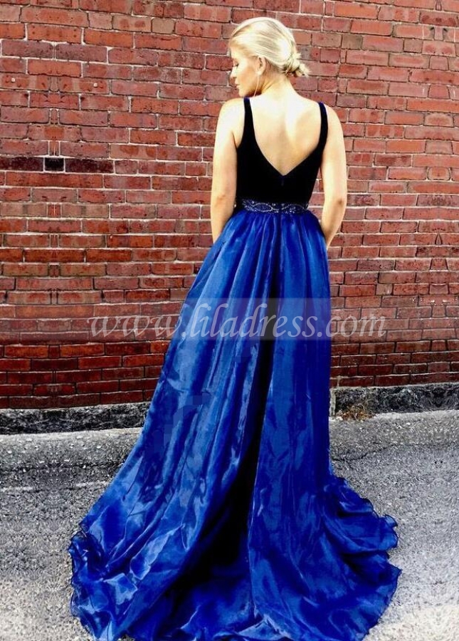 Two-tone V-neck A-line Prom Long Dresses with Bead Belt