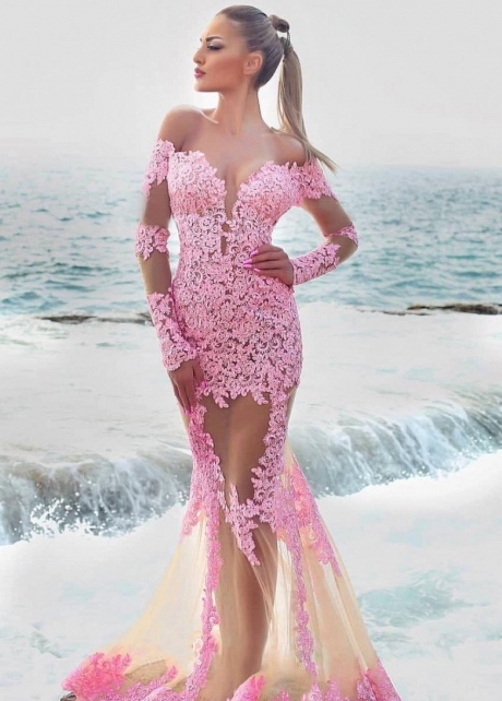 Trumpet Pink Lace Prom Dresses with Sheer Long Sleeves