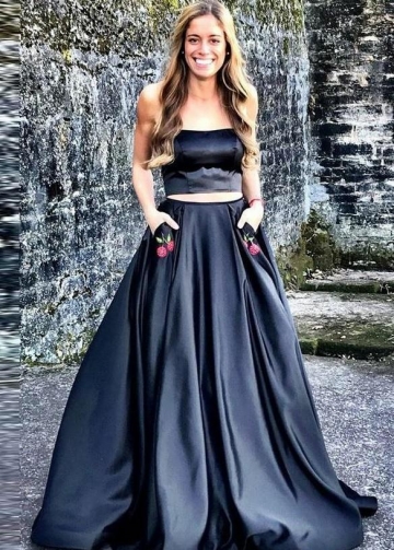 Two Piece Dark Navy Prom Dress with Cherry Embroidery Pockets