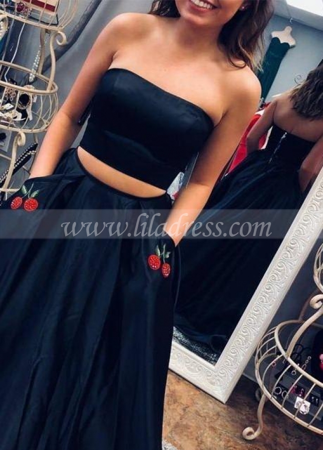 Two Piece Dark Navy Prom Dress with Cherry Embroidery Pockets