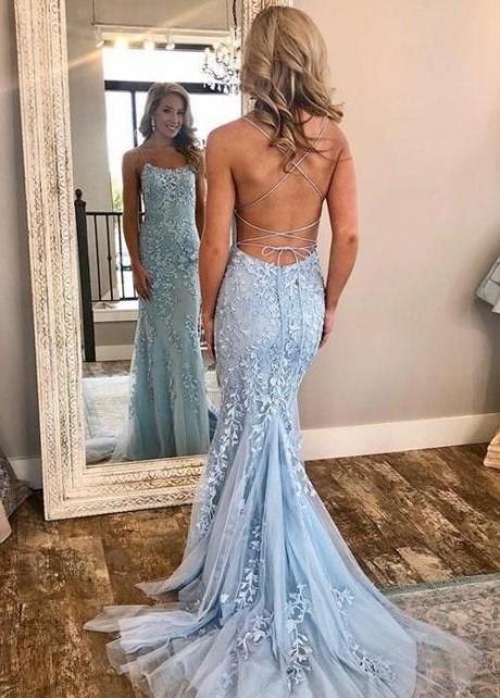 Tulle Floral Lace Prom Dresses with Strappy Backless