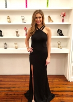 Unique Halter Neck Maxi Side Slit Black Long Prom Dresses