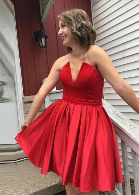 V Cut Strapless Satin Red Cocktail Dresses Short