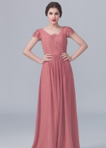 V-neck Lace Capped Sleeves Chiffon Long Dresses for Bridesmaid