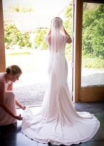 V-neckline Satin Wedding Gown Lace Cap Sleeves