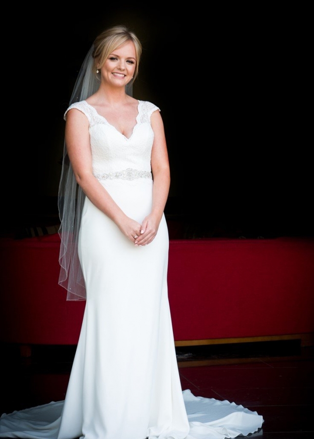 V-neckline Satin Wedding Gown Lace Cap Sleeves