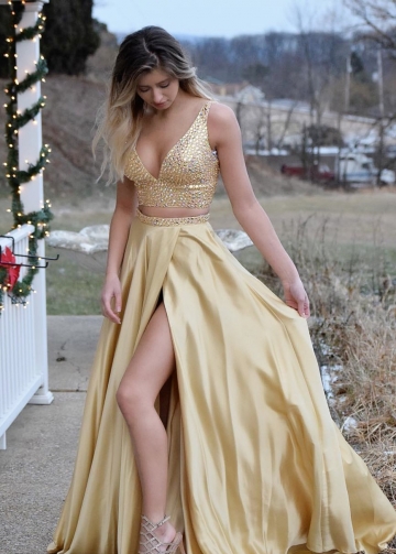 V-neck Rhinestones Top Two Piece Gold Prom Gowns with Side Slit