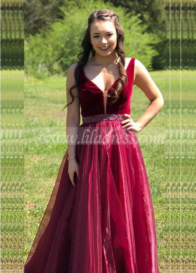 vestido de fiesta A-line Burgundy Organza Prom Gown with Beaded Belt