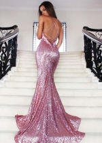 V-neck Spaghetti Straps Mermaid Sequin Prom Dresses
