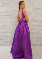 V-neckline A-line Satin Purple Prom Long Dresses with Pockets