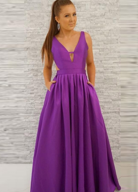 V-neckline A-line Satin Purple Prom Long Dresses with Pockets