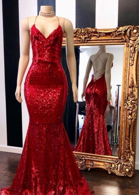 V-neckline Red Sequin Evening Prom Dresses Mermaid Style