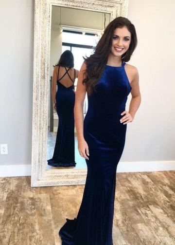 Velvet Long Royal Blue Evening Gown with Strappy Back