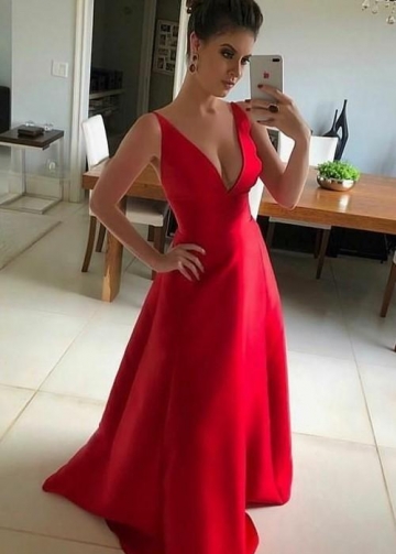 V-neckline Red Satin Prom Long Formal Dress Online