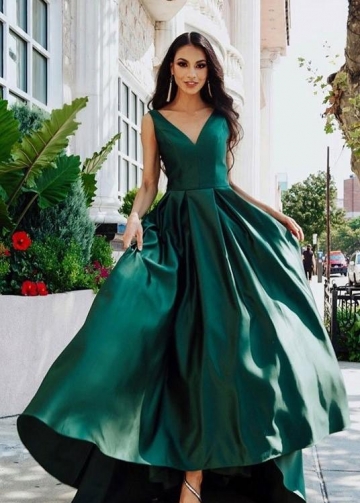 V-neckline Dark Green Prom Dresses with Satin Skirt