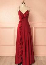 V-neckline Flounced Red Prom Dress with Thin Straps