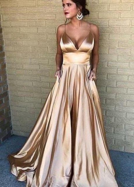V-neckline Prom Long Party Dress with Spaghetti Straps