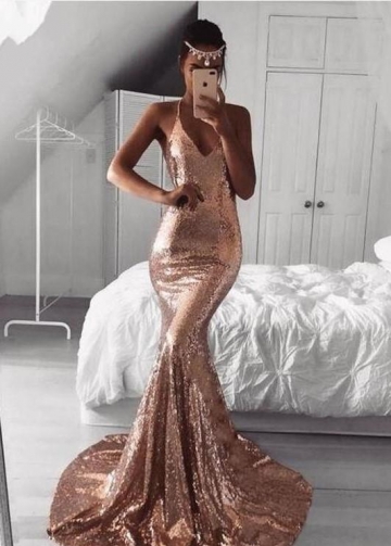V-neckline Sparkling Sequin Prom Dress Mermaid Train