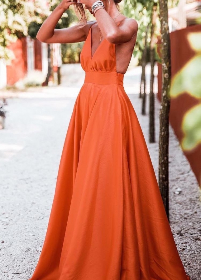 V-neckline Satin Orange Prom Dresses Floor Length
