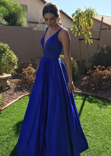 vestido de fiesta 2018 V-neck A-line Royal Blue Prom Dresses Long