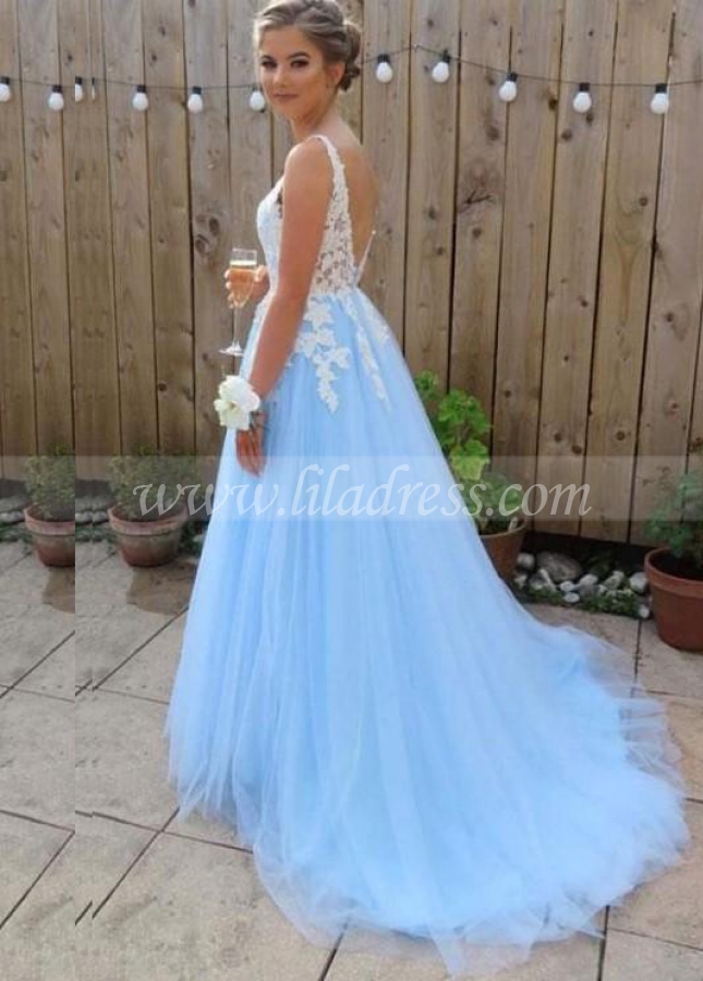 V-neck White Lace Appliques Blue Tulle Prom Dresses Long