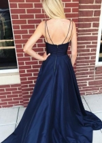 V-neckline Satin Navy Blue Prom Gowns with Pockets