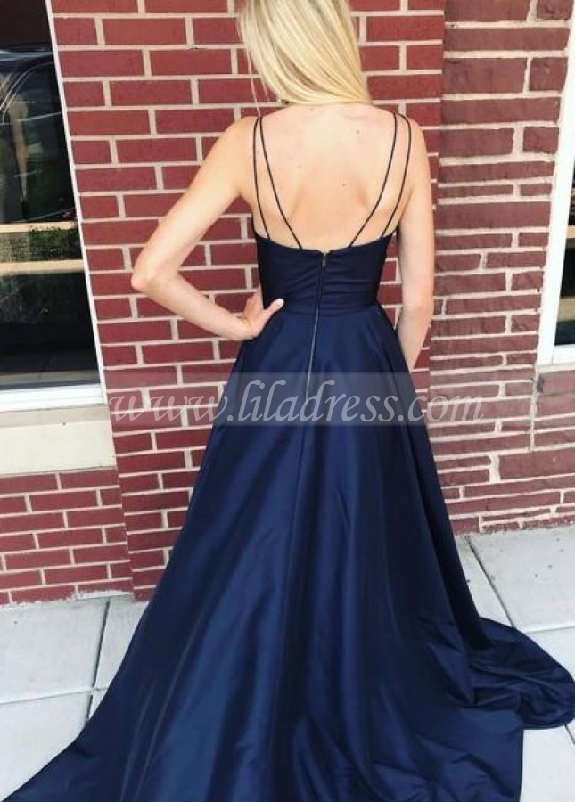 V-neckline Satin Navy Blue Prom Gowns with Pockets