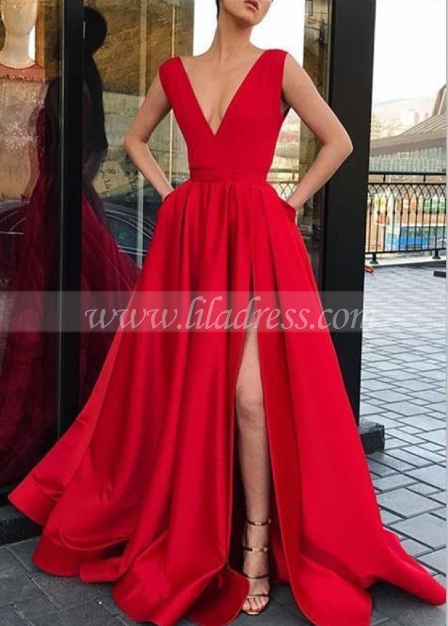 V-neckline Twin Pockets Red Long Prom Dress with Side Slit