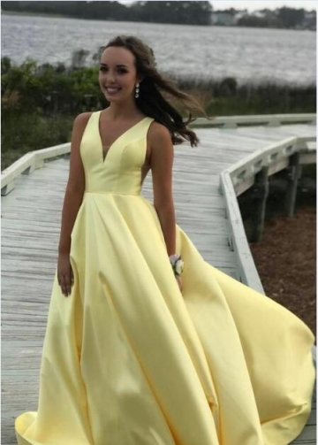 V-neckline Satin Sleeveless Yellow Prom Dress