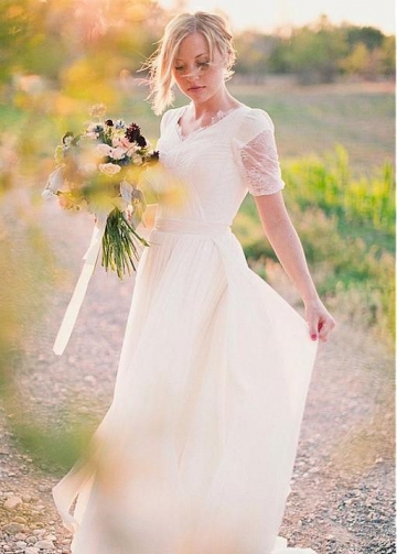 V-neck Lace Chiffon Boho Wedding Dress Short Sleeves