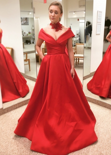 Wide V-neck Satin Red Formal Evening Gown with Pockets