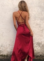 Wine Red Prom Gown with Strappy Backless