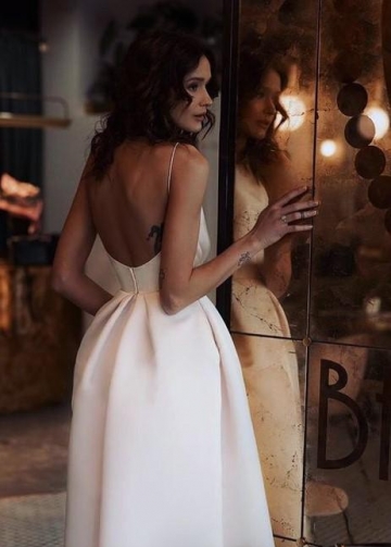White Satin Short Prom Dress with Pockets