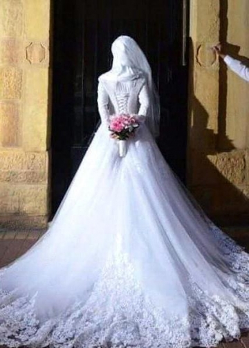 White Lace Muslim Wedding Dresses with Long Sleeves