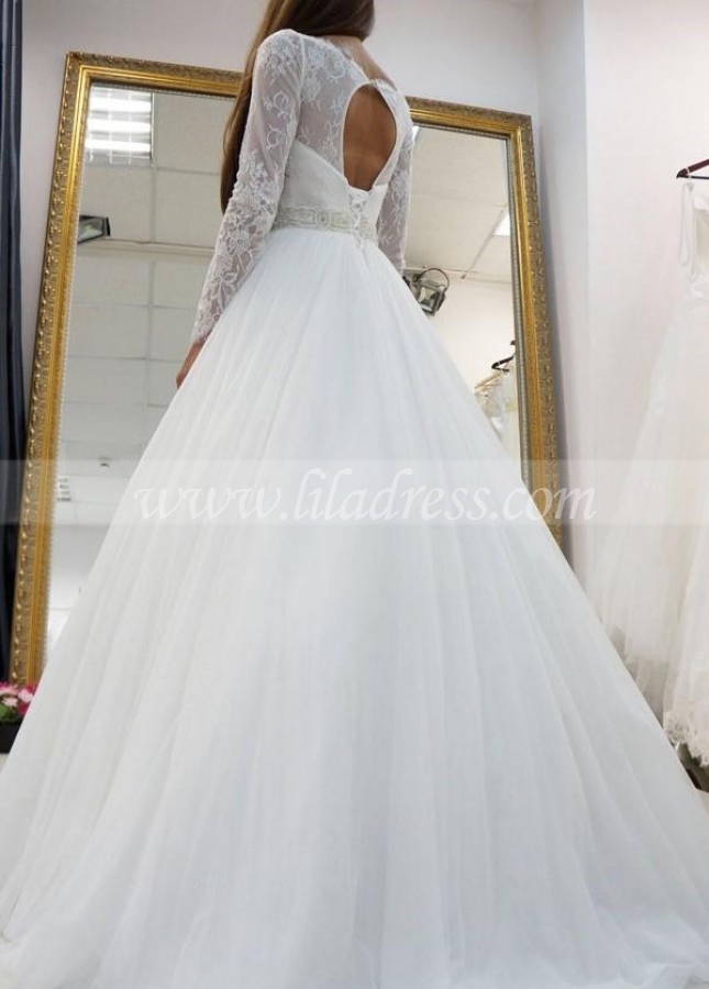 White Lace Long Sleeves Wedding Dress Tulle Skirt