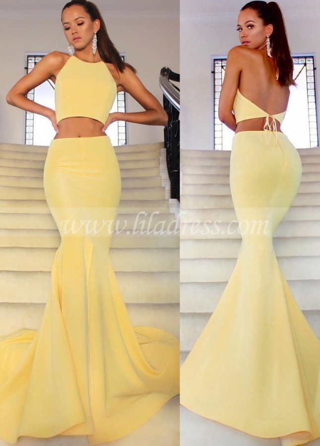 Yellow Satin Mermaid Prom Gowns Two-Pieces