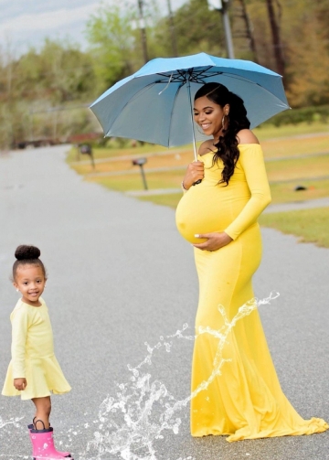 Yellow Maternity Dress Off-the-shoulder Long Sleeve