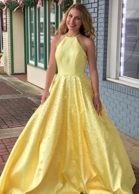 Yellow Satin Pearls Prom Dresses with Halter Neckline